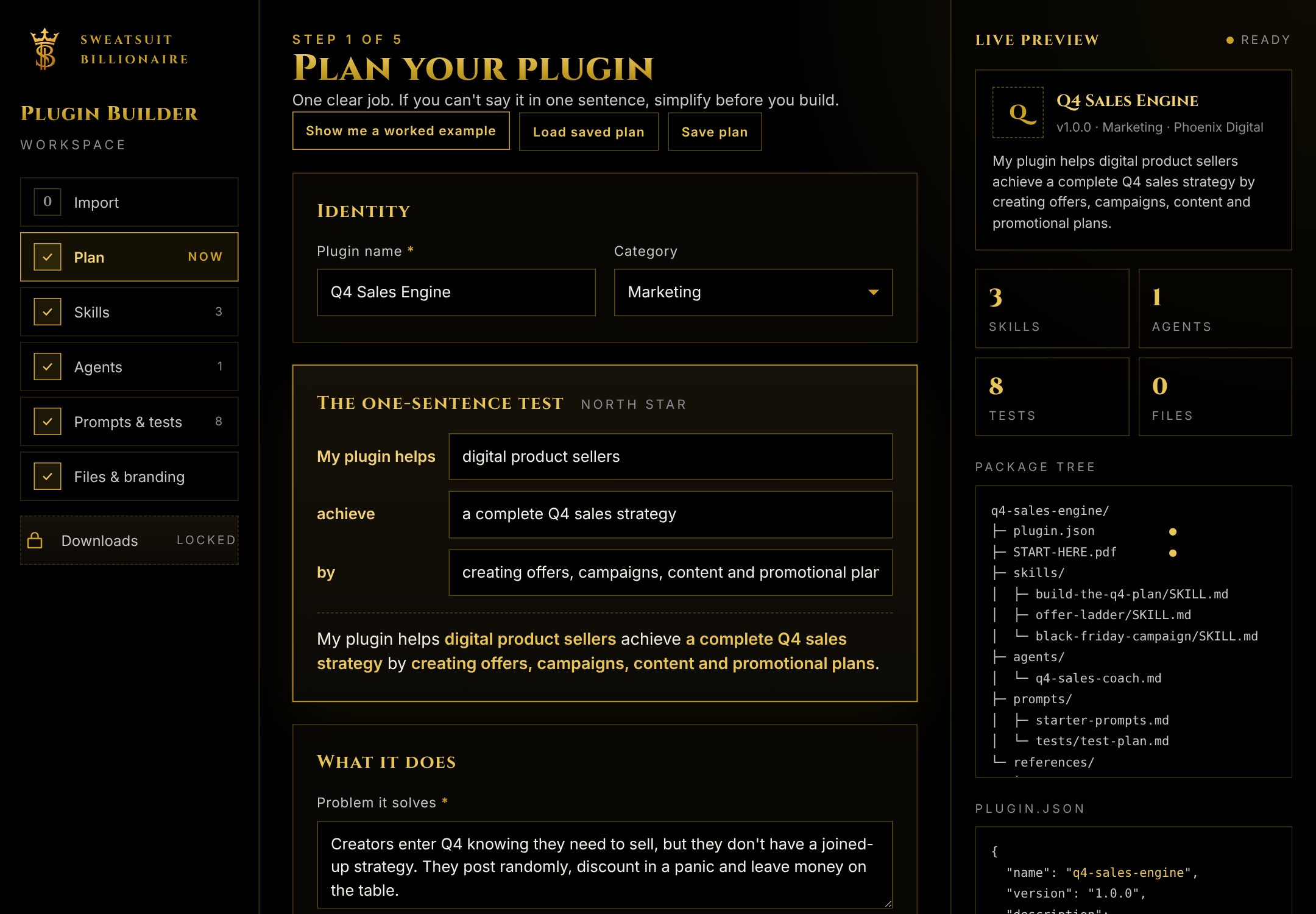 The Plugin Builder workspace: step rail on the left, the Plan step in the middle, the live preview on the right